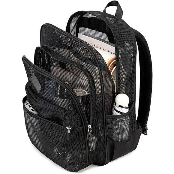 Heavy Duty Mesh Backpack See Through School Beach Travel Sports Transparent Bag - Picture 3 of 7